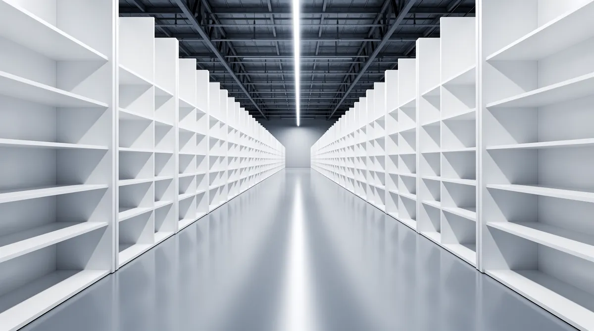 Raekke af hvide former i perspektiv — abstrakt metafor for e-commerce i skala