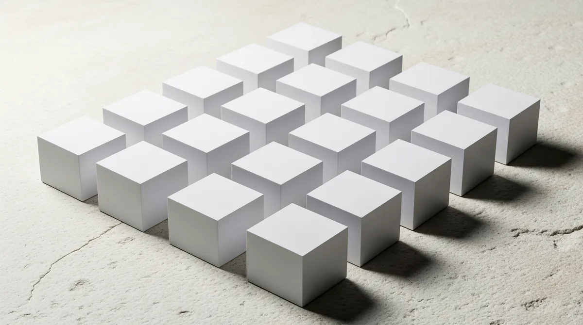 Grid af hvide kuber — abstrakt metafor for struktureret e-commerce