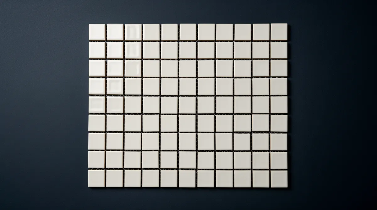 Grid af hvide fliser set ovenfra — abstrakt metafor for produktkatalogstruktur