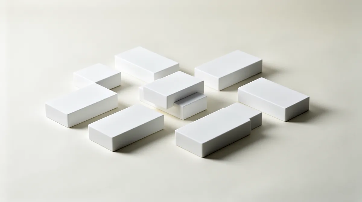 Hvide blokke i fleksibelt arrangement — abstrakt metafor for modulaer CMS-data