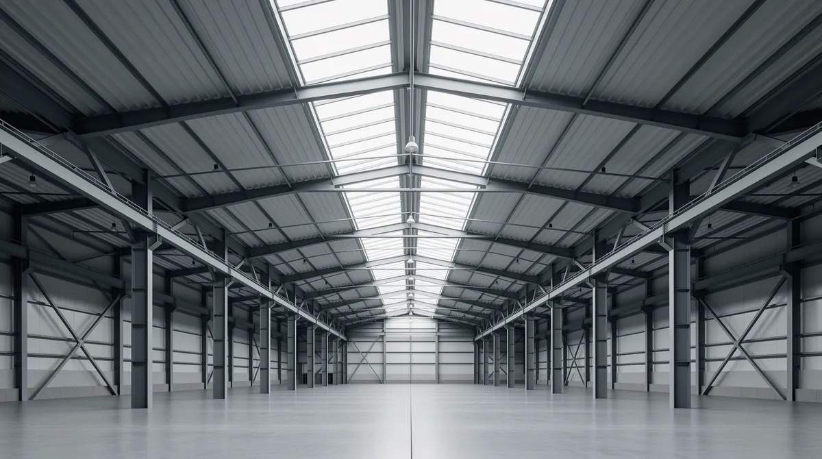 Tom lagerbygning med staalbjælker — abstrakt metafor for enterprise e-commerce